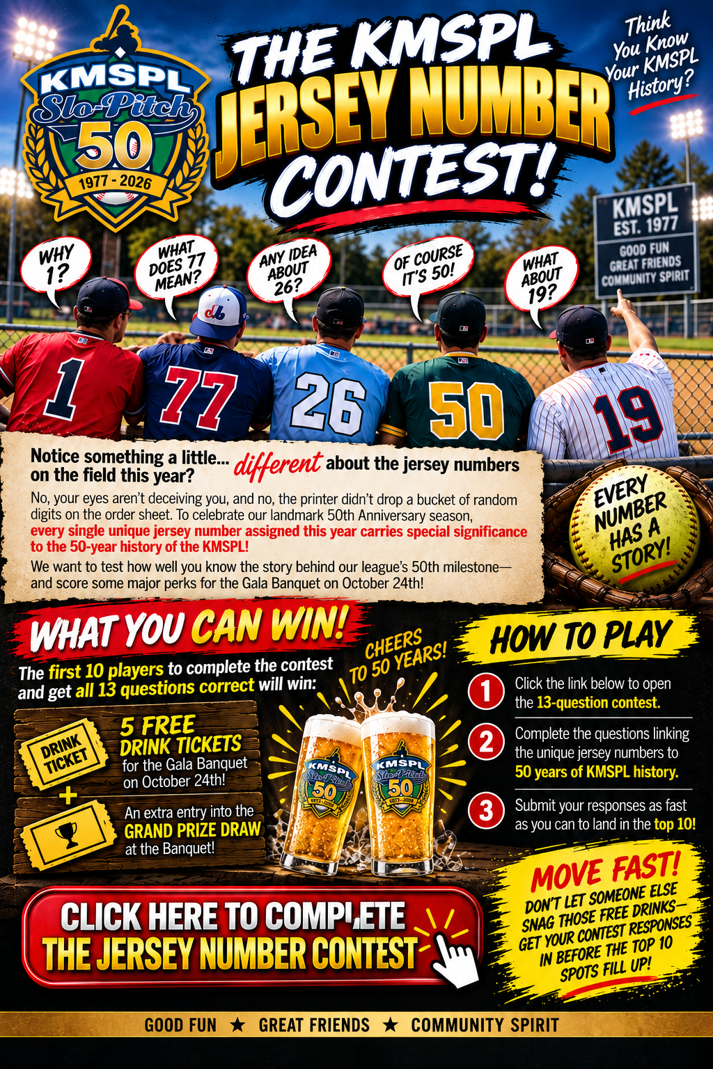 KMSPL 50th Anniversary Jersey Number Contest poster: answer all 13 questions correctly and finish among the first 10 players to win Gala prizes